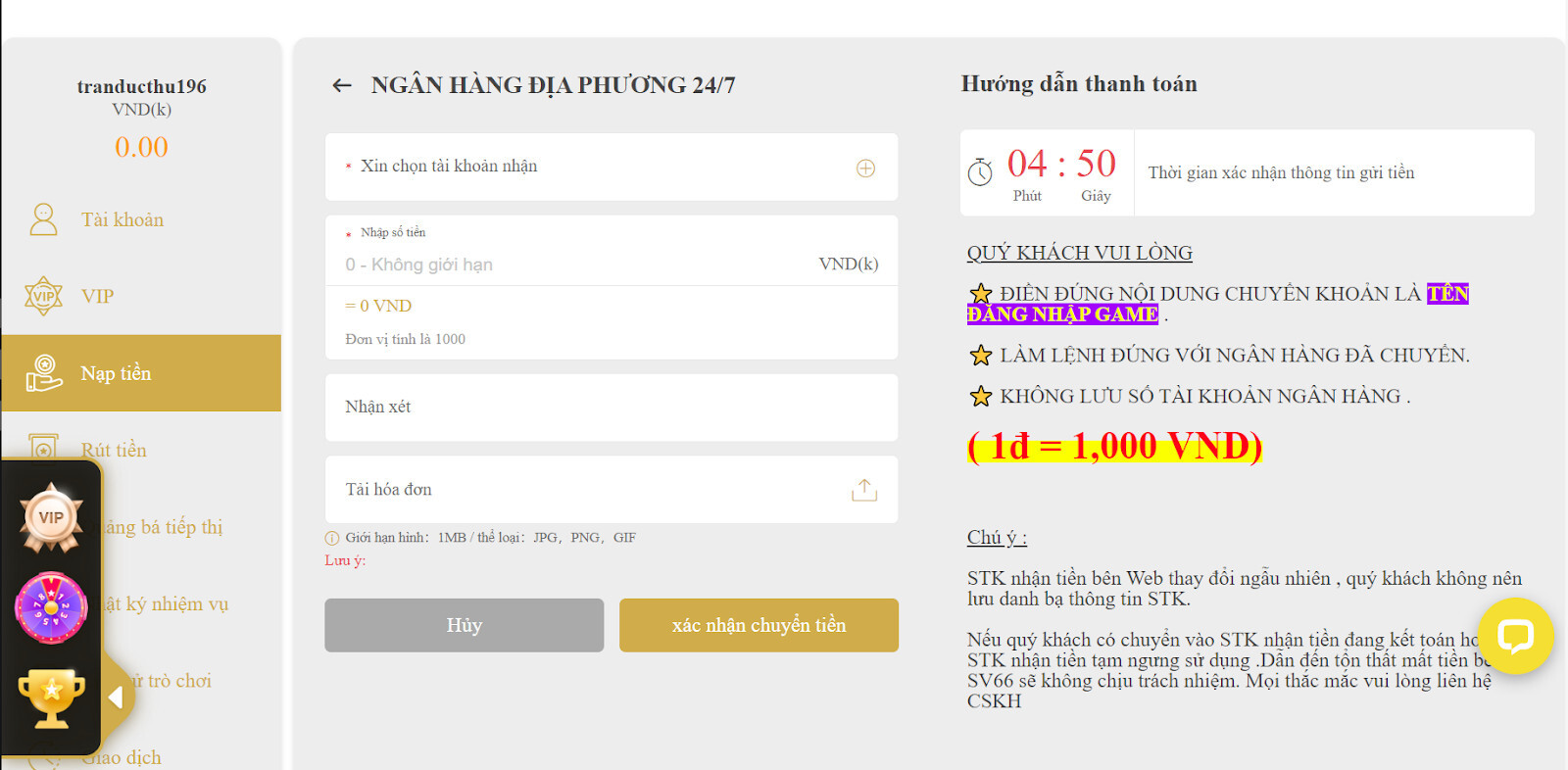 Nạp tiền qua ngân hàng địa phương 24/7 tại SV66