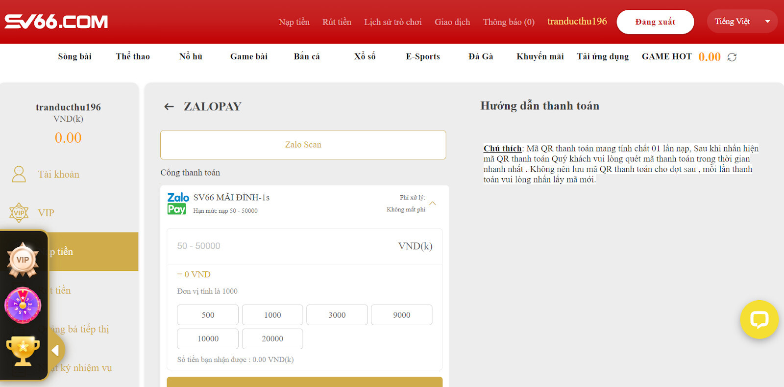 Nạp tiền qua Zalopay tại SV66